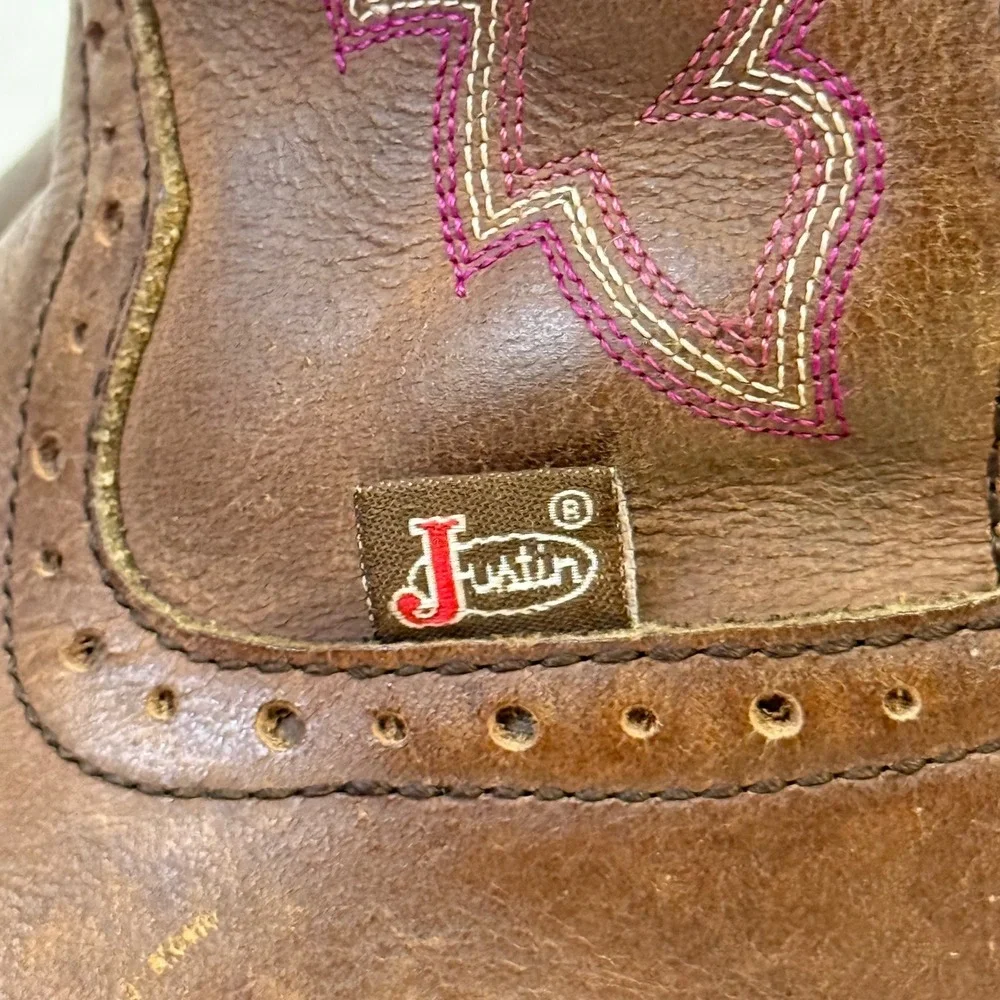 Justin Gypsy Womens Brown Leather Western Cowgirl Boots Pink Stitch L9903 Sz. 9B